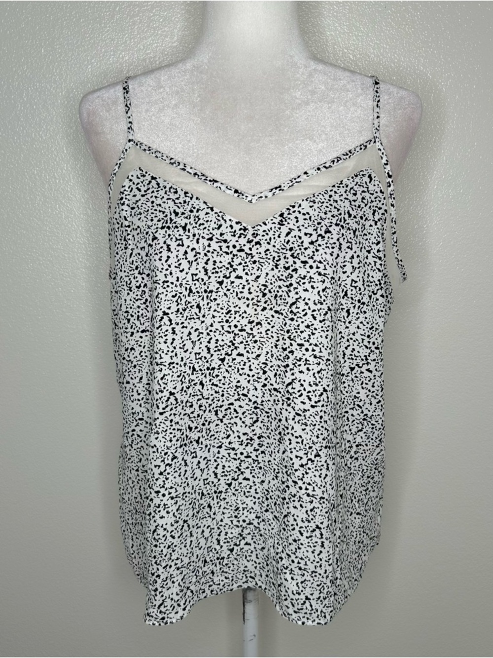 Nine West Black and White Printed Spaghetti Strap Cami with Mesh Trim